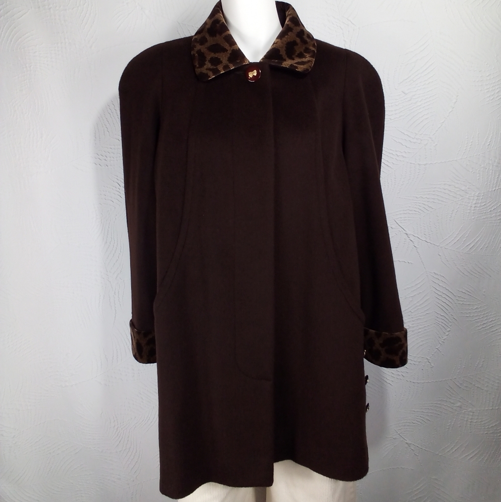 Leopard trimmed wool coat Sz.petite